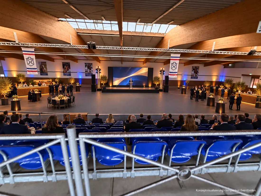 Konzeptvisualisierung: Business-Event in der Fritz-Thiedemann-Halle Elmshorn mit Bühne, LED-Wand und Gästen auf der Tribüne