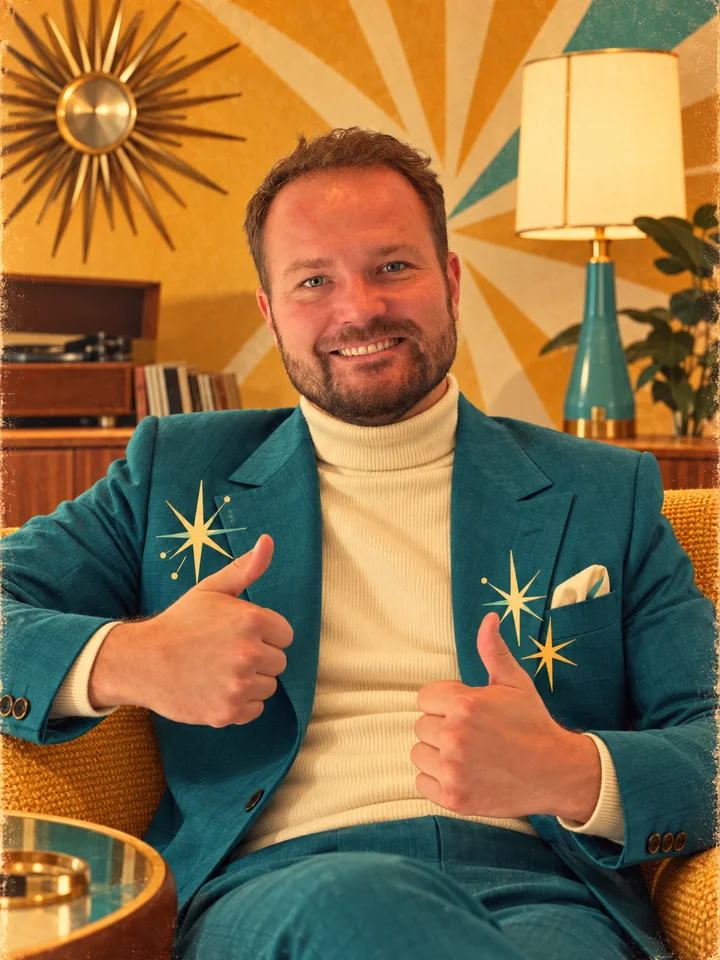 Malte Findeisen im 60er-Jahre-Look: türkiser Anzug, Retro-Wohnzimmer, zwei Daumen hoch